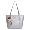 Grey PU leather tote bag casual shoulder handbag for women large capacity daily commuting style - Silver