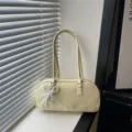 Women fashion butter yellow shoulder pillow bag, casual commuting handbag with pearl bow charm. - Yellow with Pendant