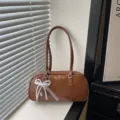 Brown PU leather shoulder pillow bag with stylish pearl lace bow accessory for daily commute - Brown with Pendant