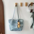 Fashionable blue denim tote bag for women, large capacity shoulder bag with cute bear charm. - With Pendant / Blue