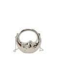 Stylish silver metallic mini chain handbag and crossbody bag with round handle for women. - Silver