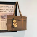 Retro brown tote bag for women, large capacity PU leather casual shoulder handbag with bear. - With Pendant / Coffee