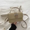 Women's Fashion Straw Woven Crossbody Bag Summer Casual Small Square Bag with Metal Lock - Khaki