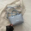 Light blue woven bucket bag with top handle and strap, casual beach basket bag for women. - Blue