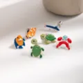Cute marine animal enamel stud earrings, funny turtle crab fish design jewelry for summer beach. - Full Set of 6