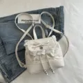 Charmant mini sac à dos floral avec bordure en dentelle et nœud, sac d'école en cuir PU. - Blanc Cassé