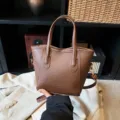 Brown pebbled leather tote bucket bag, casual solid color handbag with top handle for women. - Brown Without Pendant