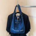 Casual denim tote bag blue shoulder handbag for daily student versatile fashion styles - No Pendant / Dark Blue
