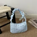 Light blue polka dot ruched shoulder bag cute crescent hobo handbag for women summer fashion style - Blue
