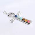 Silver Ankh cross pendant featuring multi-colored chakra gemstones, spiritual jewelry. - No. 1 Ankh Cross