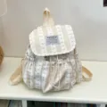 Sweet stripe bow canvas backpack for women, large capacity casual school daypack. - No Pendant / Light Khaki