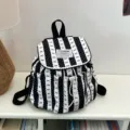 Black and white striped polka dot backpack stylish student school bag large capacity chic - No Pendant / Black