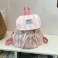 Pink white striped mini backpack sweet bow style student school bag with drawstring cute - No Pendant / Pink