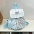 Light blue striped mini backpack, cute bow pattern casual school bag with drawstring for teens. - No Pendant / Blue