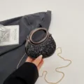 Crescent acrylic glitter evening bag with chain strap, stylish mini handbag for party. - Gunmetal