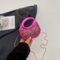 Pink glitter crescent acrylic evening handbag, stylish mini chain crossbody bag for party. - Rose Pink