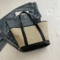 Women summer straw tote bag casual woven shoulder bag PU leather contrast color shopper handbag - No Pendant / Black