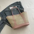 Women Summer Straw Tote Bag Casual Woven Shoulder Bag Stylish Pink PU Trim Beach Handbag - No Pendant / Pink