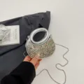 Elegant acrylic crescent evening bag with sparkling glitter and chic metal circular handle. - Silver with Multicolor