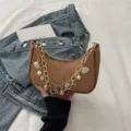 Fashion straw woven underarm shoulder bag for women, chic beach handbag with chain pearls. - Brown