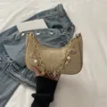 Woven Straw Underarm Bag Beige Beach Shoulder Handbag with Chain and Shell Charms - Khaki