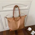 Large capacity nylon travel tote bag with leather handles and zipper casual daily shoulder bag - Brown