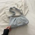 Light blue pleated shoulder bag, stylish cloud bag variant with chic metal accent. - Single Bag / Blue