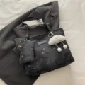 Stylish star and moon print canvas tote bag with matching small pouch and cute cloud pendant. - With Pendant / Black