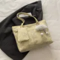 Stylish yellow star moon pattern tote bag with matching pouch and cute cloud plush keychain. - With Pendant / Yellow