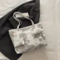 Chic grey star print canvas tote bag set with matching pouch and cute cloud plush charm for women. - With Pendant / White