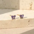 Pendientes de tuerca de mariposa de plata esterlina S925 y circonita morada, joyas elegantes. - Oro Champaña 14k Púrpura