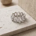 Anillo cadena cubana plateado pavé de diamantes, sortija geométrica con diamantes imitación. - Oro blanco / Talla US 6