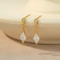 Pendientes colgantes de plata esterlina 925 con circonita romboidal elegante regalo mujer - Pendientes de Botón Gota de Agua Rómbica (ES4291) / Dorado
