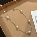 Sterling silver starry faux pearl necklace for women, elegant chic dainty collar chain jewelry. - White Gold