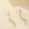 Elegantes pendientes colgantes chapados en oro con circonitas cubicas mujer moda - Estilo de Doble Piedra (ES3821) / Oro Champagne de 14K