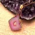 Natural pink agate geode slice pendant necklace with gold plated bezel for women detail view. - Pendant Only (Without Chain) / Red