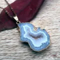 Natural blue agate geode pendant raw crystal cluster gold plated edge necklace detail view. - Pendant Only (Without Chain) / White