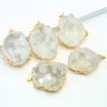 Natural raw agate geode pendant with gold plated edges for DIY jewelry making and necklaces. - Pendant Only (Without Chain) (White)