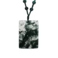 Collana con ciondolo rettangolare in agata muschiata verde naturale con cordino perlato - Ciondolo Solo (Senza Catena)