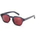 Fashion polygonal sunglasses for women and men, stylish dark frame with red tinted lenses. - Transparent Blue Frame with Rose Red Lenses