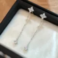 Pendientes de borla de trébol de cuatro hojas de plata S925 circonitas elegantes mujer - Oro blanco
