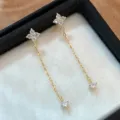 Pendientes colgantes de trébol dorados con borlas, joyas elegantes con diamantes de imitación. - Oro Champagne de 14K