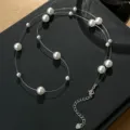 Transparent fishing line pearl choker necklace with scattered faux pearls and silver extension. - 4/8mm Mixed Bead Style(NS3603)