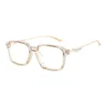 Transparente quadratische Brille mit eleganten doppelten Perlen an goldenen Bügeln für Damen. - Transparenter champagnerfarbener Rahmen mit klaren Gläsern