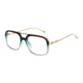 Vintage square double bridge sunglasses for women, trendy gradient frame with gold metal temples. - Brown and Blue-White Frame with Clear Lenses
