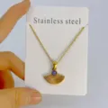 Collier pendentif éventail en acier inoxydable doré avec pierre violette mode femme - Violet