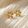 Orecchini a lobo floreali in acciaio inossidabile dorato con perla, gioiello retrò francese chic. - Fiore-1