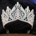 Stunning bridal tiara with sparkling rhinestones and mint opal stones for weddings and proms. - Thick Silver White and Green Rhinestone