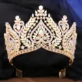 Exquisite baroque crystal bridal crown detail, sparkling iridescent AB rhinestones on gold tiara. - Gold Full AB Rhinestone Style