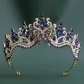 Exquisite blue crystal butterfly baroque bridal tiara and crown for wedding hair accessories. - H1560 KC Gold with White & Dark Blue Rhinestones
